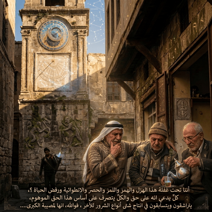 Three men laughing over tea in a historic stone alley beneath a clock tower